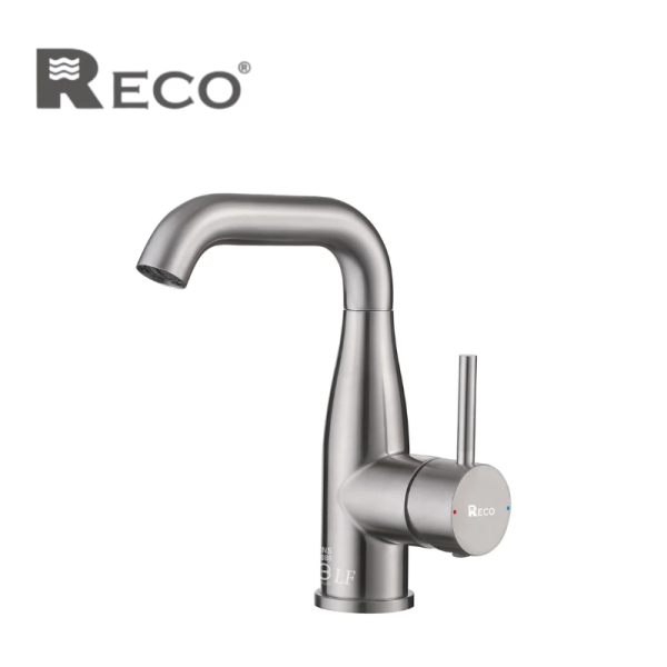 RECO 臉盆龍頭 105227L-B RECO不鏽鋼面盆龍頭使用SUS304不鏽鋼,含量18-8符合國際標準,並通過國家標準CNS 8088,美國UPC加拿大CUPC的無鉛認證。
重要零件陶瓷閥芯、起泡器均符合NSF、ACS認證,100萬次耐用測試不損壞。
我們的不鏽鋼龍頭使用“全新”不鏽鋼,不用再生料；堅固耐用、絕佳抗腐蝕性、美觀、不易留指紋水漬容易清洗好保養