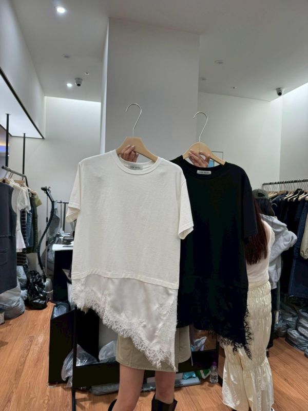 下襬絲綢蕾絲棉tee 