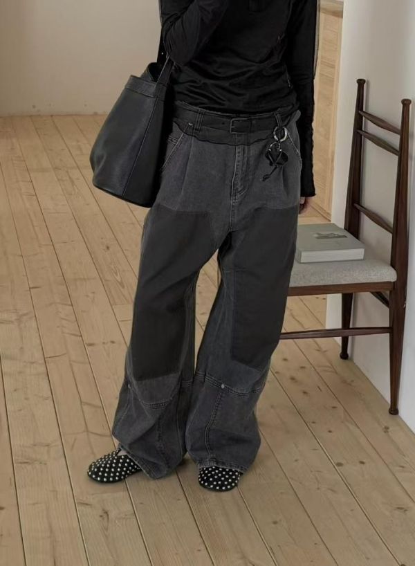 高品設計配色色塊牛仔褲 