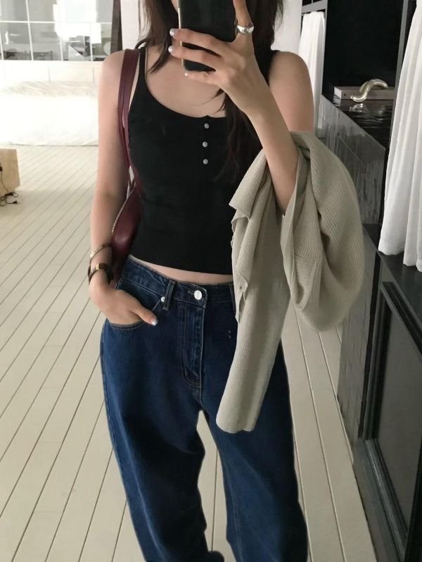 炫光釦細帶背心 