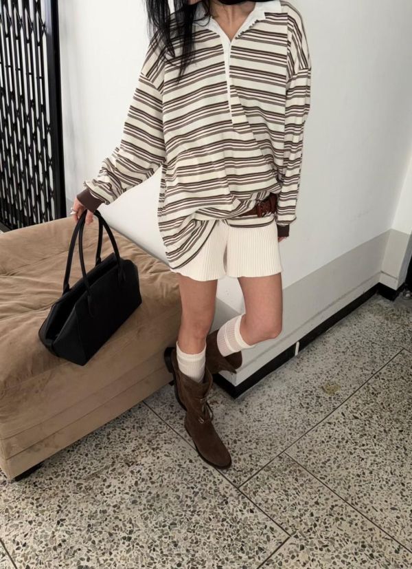 異材質拼接領條紋tee 