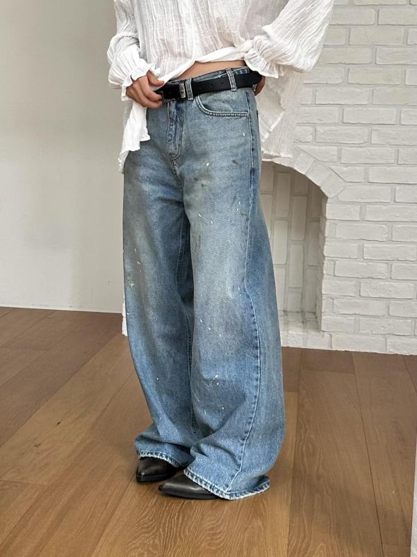 腰調節潑漆復古單寧褲 