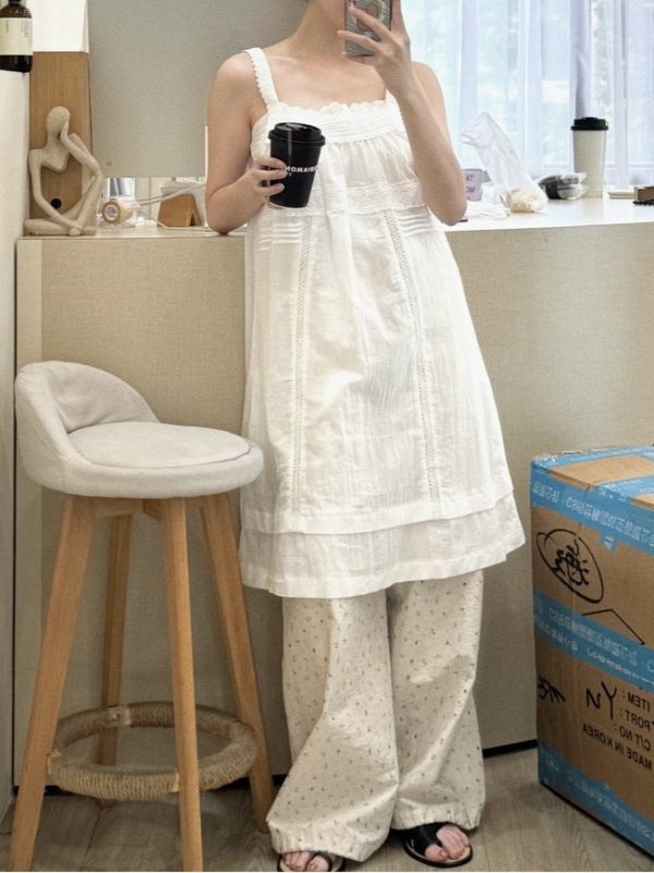 蕾絲方領涼感洋裝 