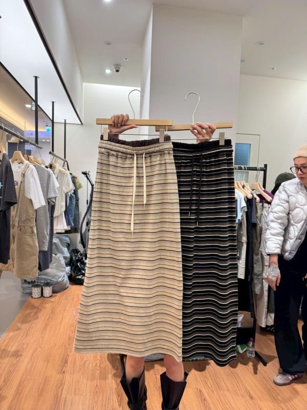 雙拼接褲頭橫條紋棉裙 