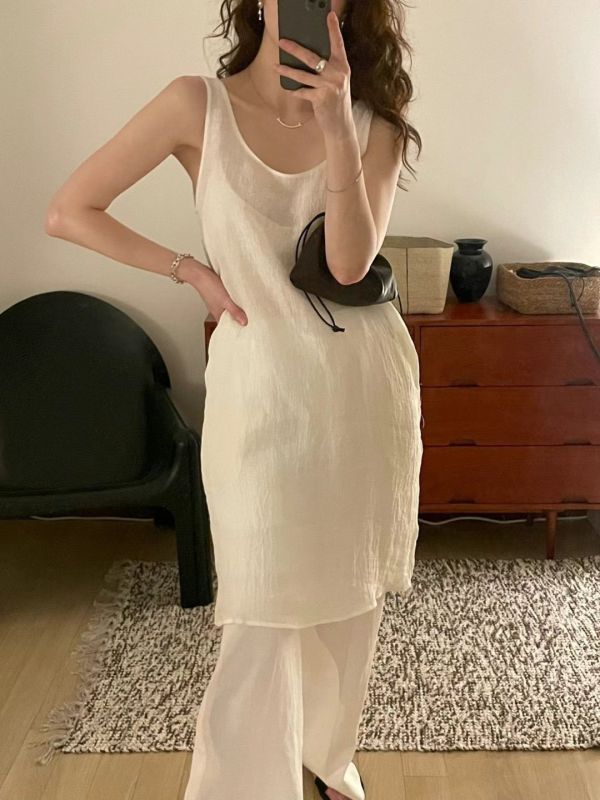 亞麻素色長版背心 