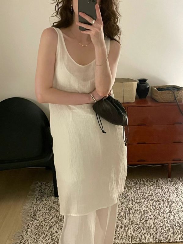 亞麻素色長版背心 