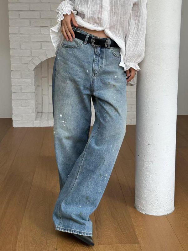 腰調節潑漆復古單寧褲 