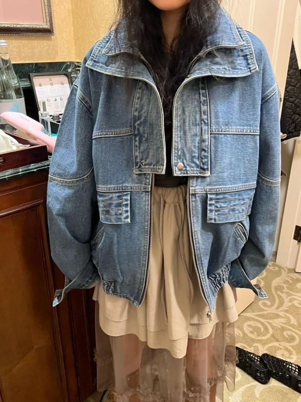 雙層領拉鍊牛仔外套 