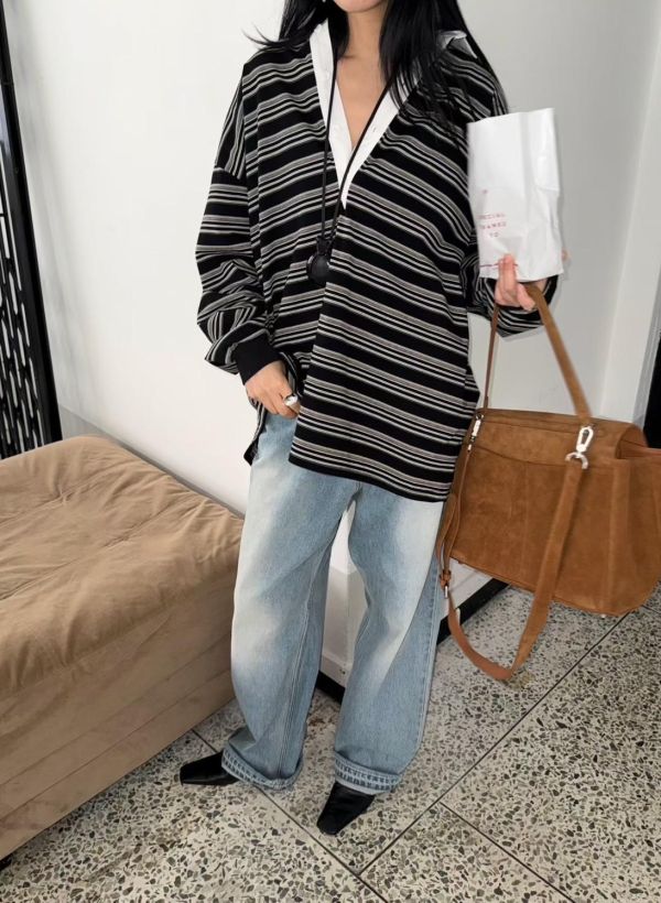 異材質拼接領條紋tee 