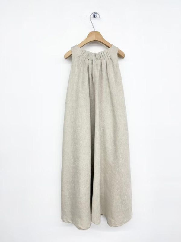 高品設計 後抓皺純亞麻洋裝 