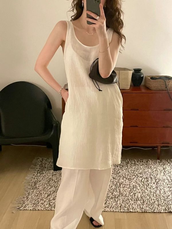 亞麻素色長版背心 
