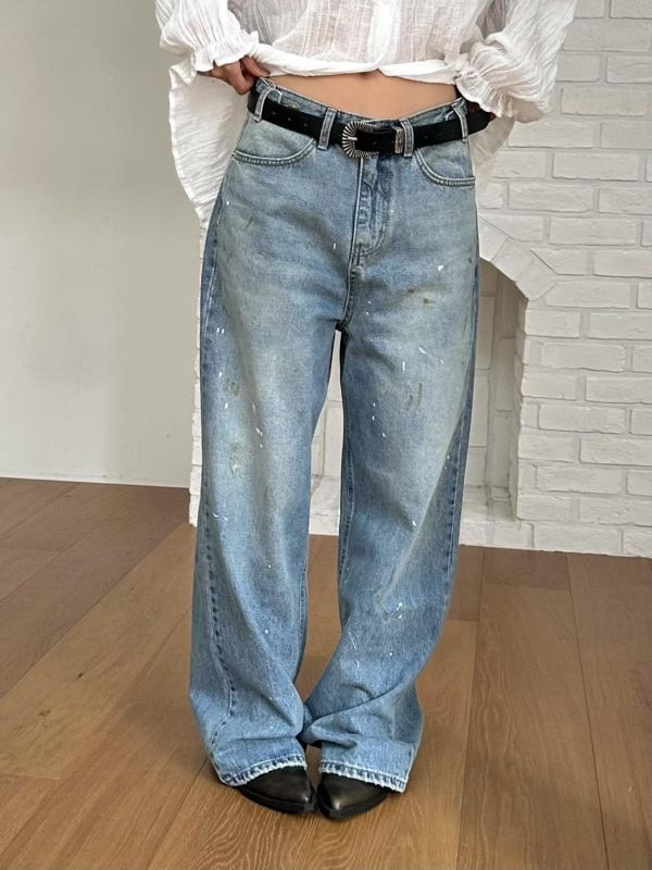 腰調節潑漆復古單寧褲 