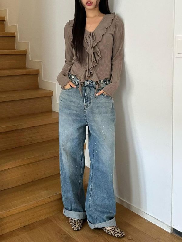 腰調節潑漆復古單寧褲 