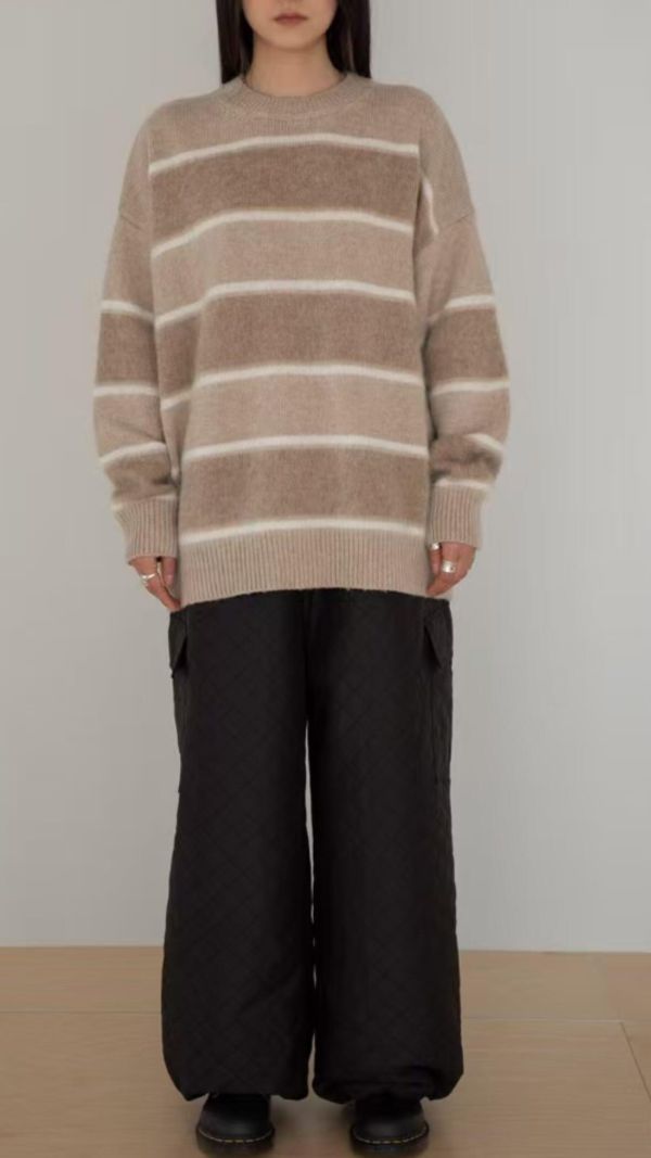 粗寬配色橫條紋寬大羊毛上衣 