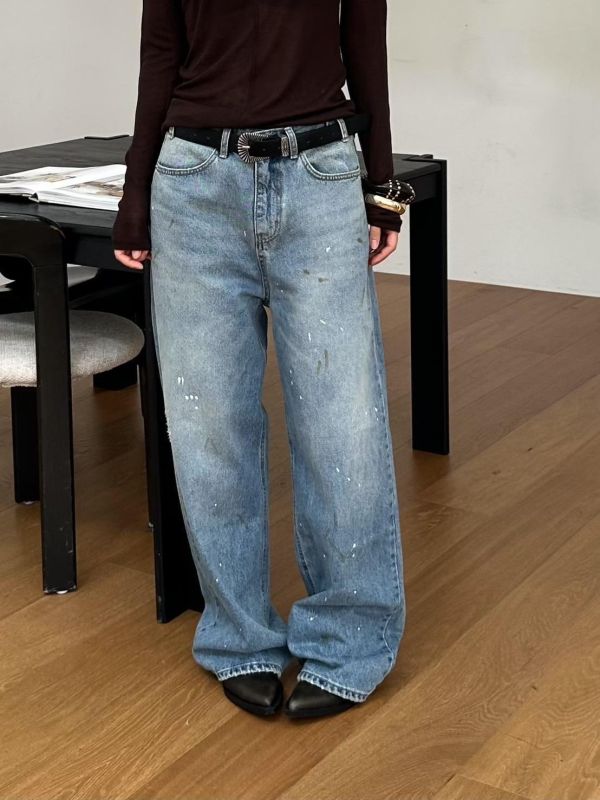 腰調節潑漆復古單寧褲 