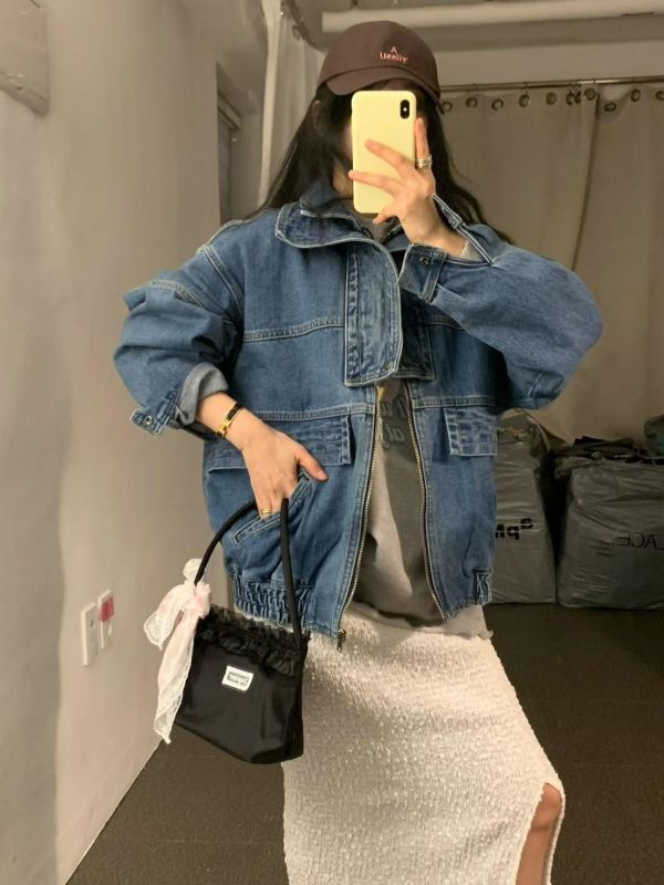 雙層領拉鍊牛仔外套 