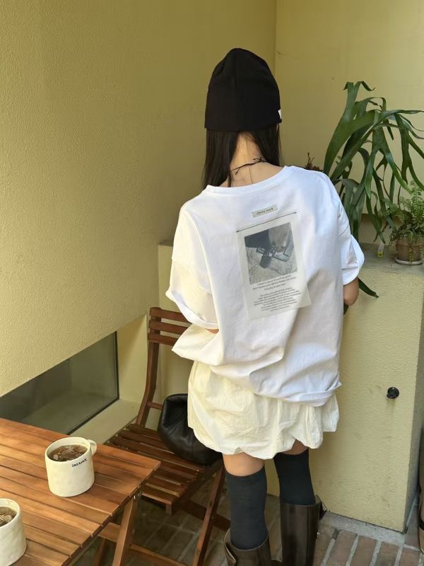 後飄逸布標長版棉tee 