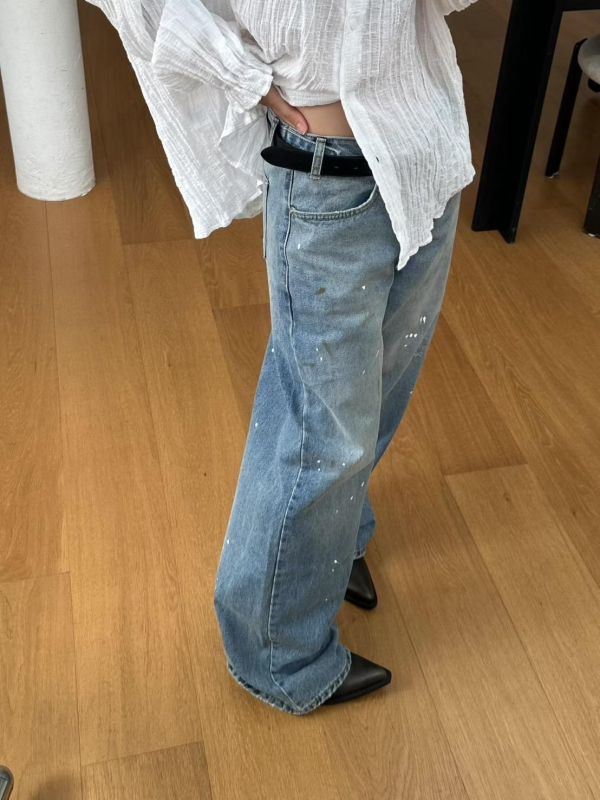 腰調節潑漆復古單寧褲 