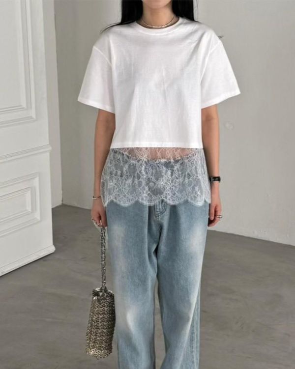 拼接布蕾絲tee 