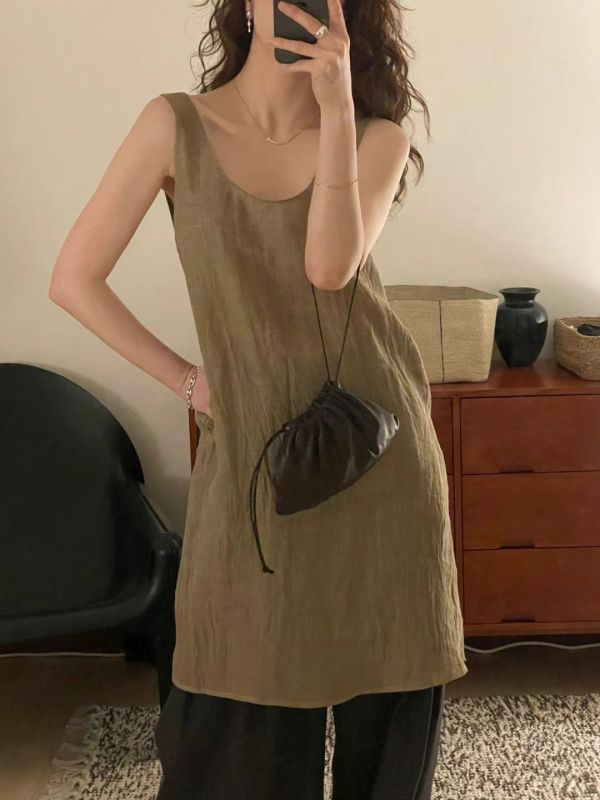 亞麻素色長版背心 