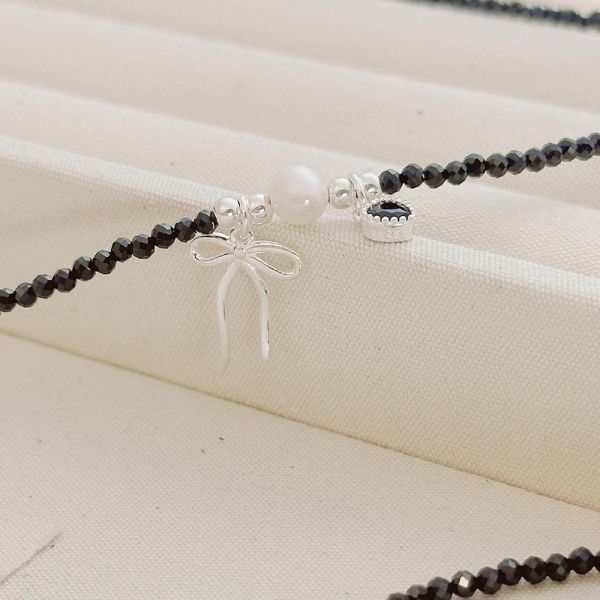 蝴蝶結愛心黑水晶 淡水珍珠 串珠項鍊 手鍊 