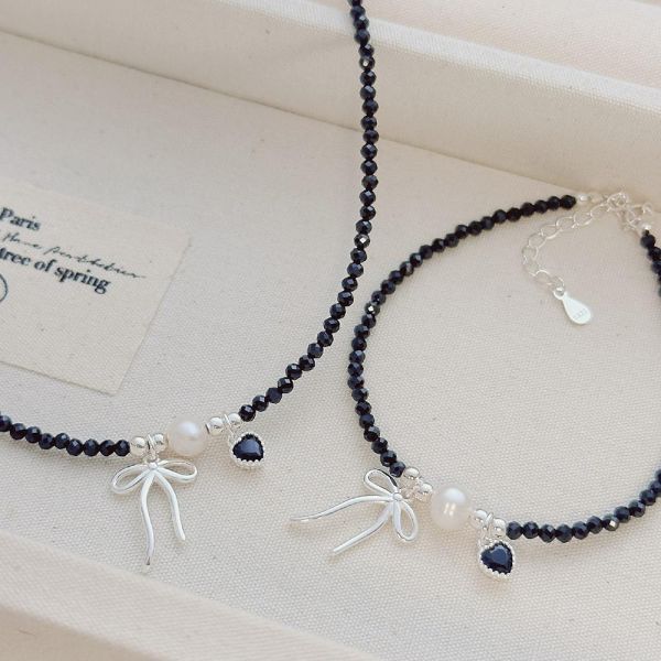 蝴蝶結愛心黑水晶 淡水珍珠 串珠項鍊 手鍊 