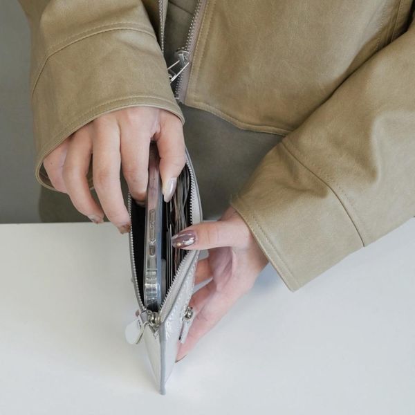 低調高級感 霧面金屬銀真皮長夾 