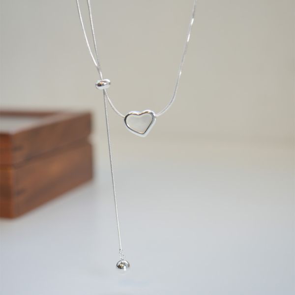 愛心貝殼 抽繩設計 純銀蛇骨項鍊 韓系純銀項鍊,S925鎖骨鍊推薦,女生百搭項鍊,韓系氣質鎖骨鍊,抗敏項鍊推薦,日常穿搭項鍊