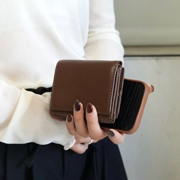 真皮荔枝紋三折短錢包 