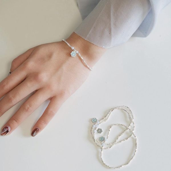 天藍小花 碎銀子 彈性純銀手鍊 