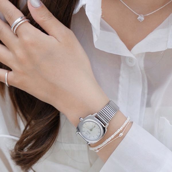 法式雙層珍珠米粒碎銀手鍊 