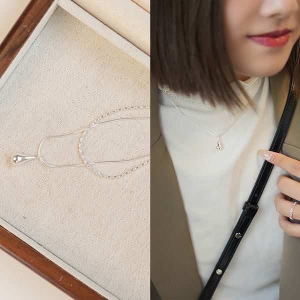 率性水滴 米粒蛇骨 純銀雙鍊項鍊 韓系純銀項鍊,S925鎖骨鍊推薦,女生百搭項鍊,韓系氣質鎖骨鍊,抗敏項鍊推薦,日常穿搭項鍊