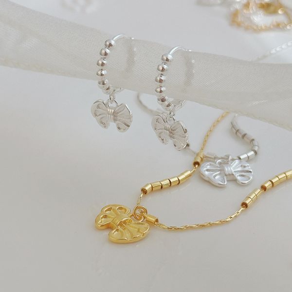 雲朵蝴蝶結 會動的串珠珠 純銀項鍊 