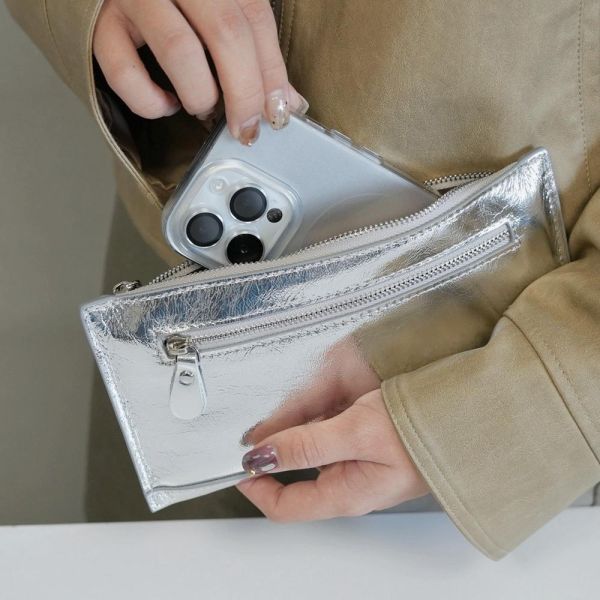 低調高級感 霧面金屬銀真皮長夾 