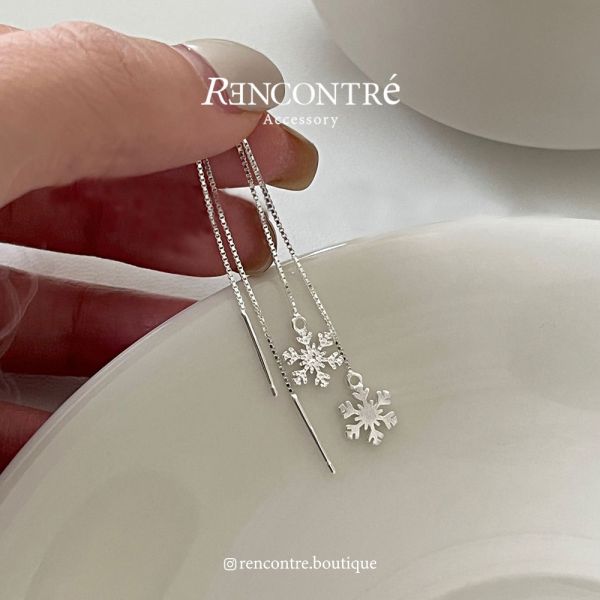 小雪花 流蘇長線 純銀耳釘 