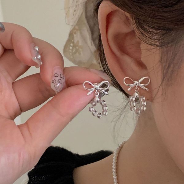 銀色聖誕節 白水晶 蝴蝶結純銀耳釘 