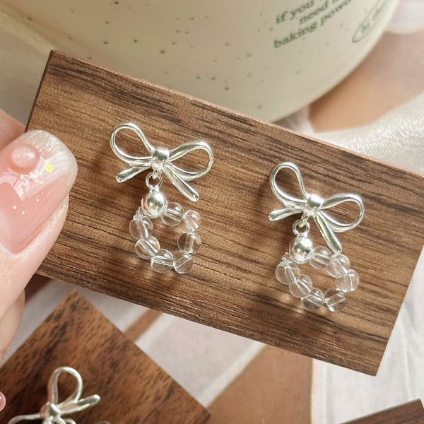 銀色聖誕節 白水晶 蝴蝶結純銀耳釘 