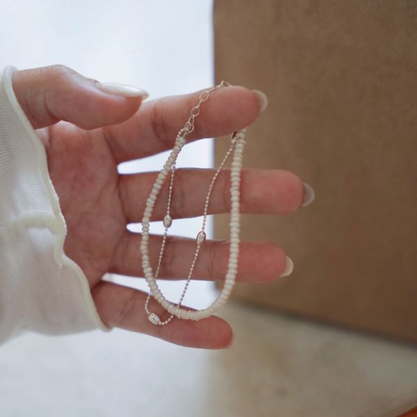 法式雙層珍珠米粒碎銀手鍊 