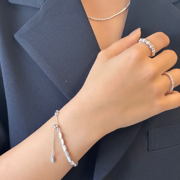 質感霧面 橢圓片 純銀抽繩手鍊 