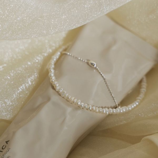 法式雙層珍珠米粒碎銀手鍊 
