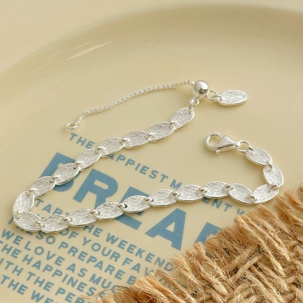 質感霧面 橢圓片 純銀抽繩手鍊 