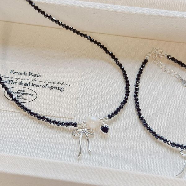 蝴蝶結愛心黑水晶 淡水珍珠 串珠項鍊 手鍊 