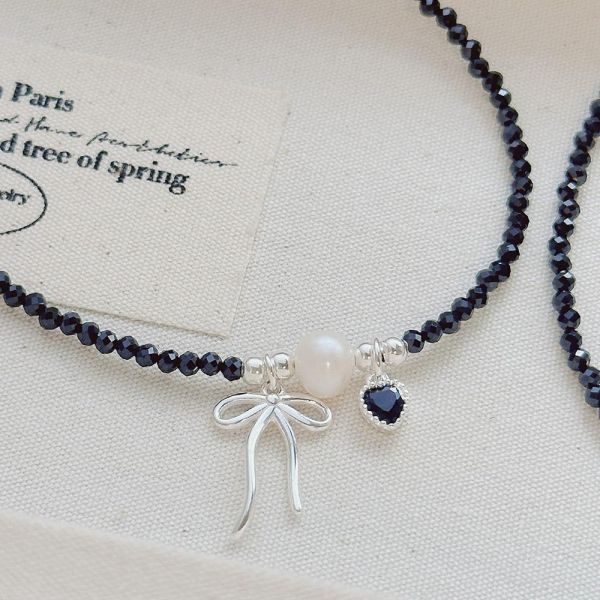 蝴蝶結愛心黑水晶 淡水珍珠 串珠項鍊 手鍊 