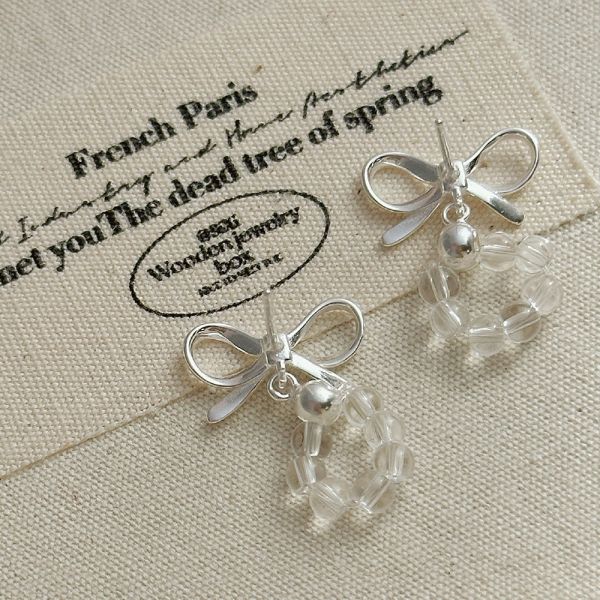 銀色聖誕節 白水晶 蝴蝶結純銀耳釘 