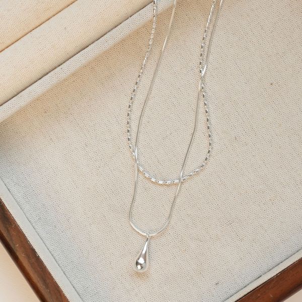率性水滴 米粒蛇骨 純銀雙鍊項鍊 韓系純銀項鍊,S925鎖骨鍊推薦,女生百搭項鍊,韓系氣質鎖骨鍊,抗敏項鍊推薦,日常穿搭項鍊