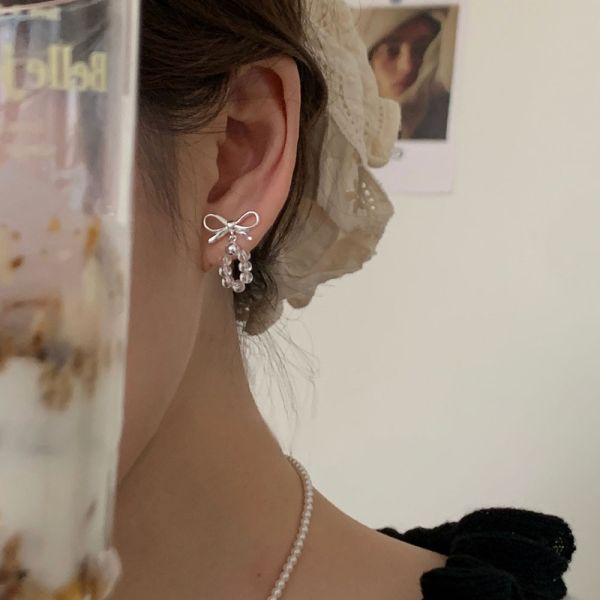 銀色聖誕節 白水晶 蝴蝶結純銀耳釘 