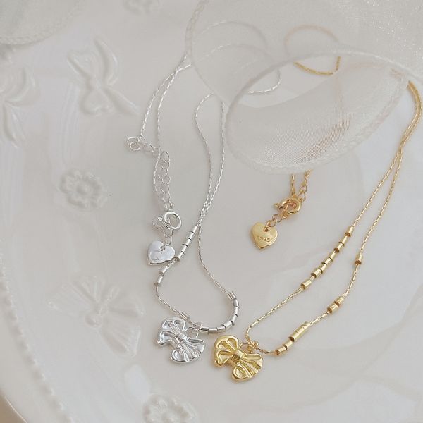 雲朵蝴蝶結 會動的串珠珠 純銀項鍊 