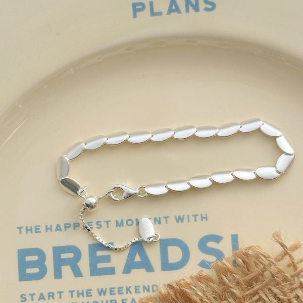 質感霧面 橢圓片 純銀抽繩手鍊 