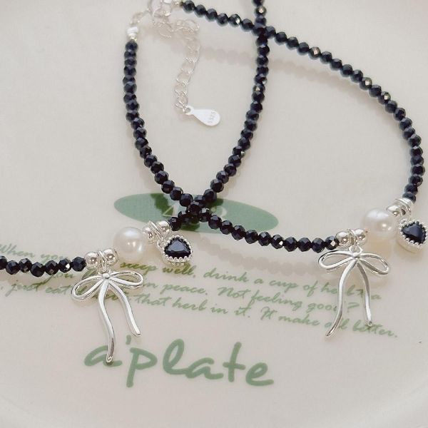 蝴蝶結愛心黑水晶 淡水珍珠 串珠項鍊 手鍊 