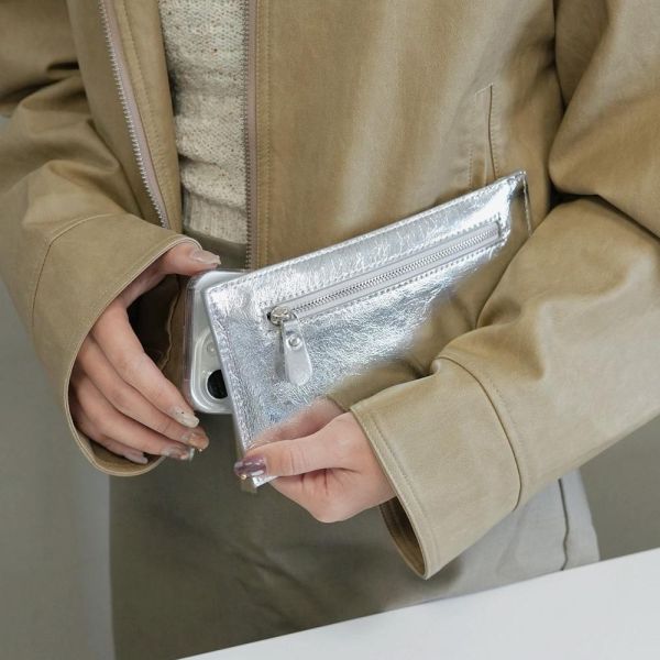 低調高級感 霧面金屬銀真皮長夾 